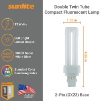 Sunlite 40542 Pld13/Sp50K/10Pk Double Twin Tube Compact Fluorescent Lamp, Pld 2-Pin, 13 Watts, 660 Lumens, 5000K Daylight, 2-Pin (Gx23-2) Base, 10 Pack