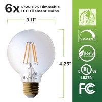 Bioluz Led 92 Cri G25 Globe Light Bulbs Clear Glass Filament 60W Replacement (Uses Only 5.5W) Vanity Light Bulbs For Bathroom Warm White 2700K Dimmable Ul Listed Title 20 6-Pack