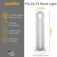 Sunlite 40486-Su T8 Fluorescent U-Shaped Light Bulb, 25 Watts, Uv Light, 365Nm Color Wavelength, Gx10Q 4-Pin Base, Plug-In, 5,000 Hour Life Span, Clubs, Restaurants, Party Lights, Blacklight, 5 Count