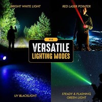 Samlite- Led Tactical Flashlight With 5 Options, Bright Led Light, Laser Pointer, Uv Blacklight, Green Light And Magnetic Bottom - Water Resistant - (3 Aaa Batteries Included)