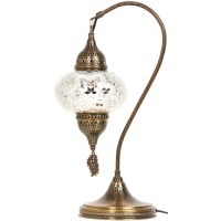 Turkish Moroccan Tiffany Style Handmade Colorful Mosaic Table Desk Bedside Night Swan Neck Lamp Light Lampshade With Metal Body And Hanging Metal Leaf, White Clear, 19