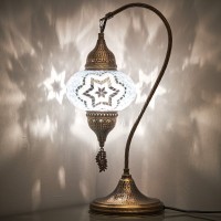 Turkish Moroccan Tiffany Style Handmade Colorful Mosaic Table Desk Bedside Night Swan Neck Lamp Light Lampshade With Metal Body And Hanging Metal Leaf, White Clear, 19