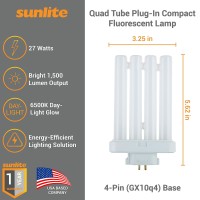 Sunlite Fml27/65K/2Pk Quad Tube Plug-In Compact Fluorescent Lamp, Fml 4-Pin, 27 Watts, 1500 Lumens, 6500K Daylight, 4-Pin (Gx10Q4) Base, 120 Volts, 2 Pack