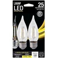 Flame tip LED chandelier bulb Performance medium base Average life of 15000 hours Instant on to full brightness Suitable for damp locations ULCUL Listed FCC and RoHS Compliant and mercury free 43H x 135D The Feit Electric decorative glass filament clear L