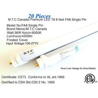 (Pack Of 20 Piece) M0241 :M.T.C Canada Led T8 8 Feet Tube Light 36W 6000K Single Pin Fa8 4320 Luminous No Need Ballast (Direct Line Voltage 100V-277Vac (8 Feet (Fa8 Model), 6000K Pack Of 20) Cetl