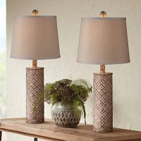 Gisele Traditional Cottage Style Table Lamps Set Of 2 Gold Wash Lattice Column Tapered Drum Shade Decor For Living Room Bedroom House Bedside Nightstand Home Office Family - 360 Lighting