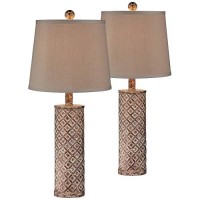 Gisele Traditional Cottage Style Table Lamps Set Of 2 Gold Wash Lattice Column Tapered Drum Shade Decor For Living Room Bedroom House Bedside Nightstand Home Office Family - 360 Lighting