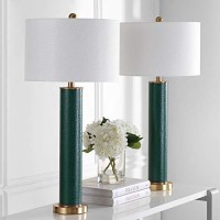 Safavieh Lighting Collection Ollie Modern Contemporary Dark Green Faux Alligator 32-Inch Bedroom Living Room Home Office Desk Nightstand Table Lamp Set Of 2 (Led Bulbs Included)