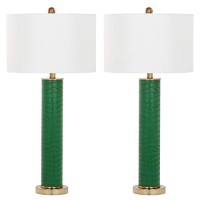 Safavieh Lighting Collection Ollie Modern Contemporary Dark Green Faux Alligator 32-Inch Bedroom Living Room Home Office Desk Nightstand Table Lamp Set Of 2 (Led Bulbs Included)