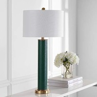 Safavieh Lighting Collection Ollie Modern Contemporary Dark Green Faux Alligator 32-Inch Bedroom Living Room Home Office Desk Nightstand Table Lamp Set Of 2 (Led Bulbs Included)