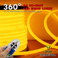 Upgrade] 360A Led Neon Light, Iekova Ac 110-120V Flexible 360 Degree Led Neon Strip Light, Dimmable Waterproof Neon Led Rope Lightremote Controller (328Ft10M, Golden Yellow)