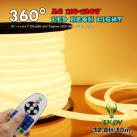 Upgrade] 360A Led Neon Light, Iekova Ac 110-120V Flexible 360 Degree Led Neon Strip Lights, Dimmable Waterproof Neon Led Rope Light Remote Controller (328Ft10M, Warm White)