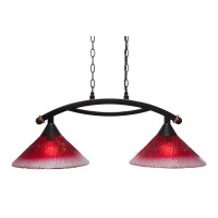 Bow 2 Light Island Light Shown In Black Copper Finish With 12 Raspberry Glass