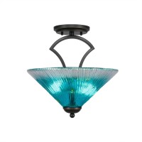 Zilo Semi Flush With 2 Bulbs Shown In Dark Granite Finish With 12 Teal Crystal Glass