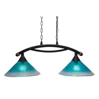 Bow 2 Light Island Light Shown In Black Copper Finish With 12 Teal Crystal Glass