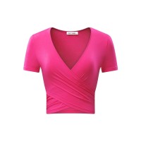 Vetior Womens Deep V Neck Short Sleeve Unique Cross Wrap Slim Fit Crop Tops (Small, Rose)