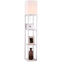 Brightech Maxwell Charger - Modern Shelf Floor Lamp With Usb Charging Ports & Electric Outlet - Corner Display Floor Lamps With Shelves For Living Room, Bedroom And Office - White