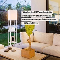 Brightech Maxwell Charger - Modern Shelf Floor Lamp With Usb Charging Ports & Electric Outlet - Corner Display Floor Lamps With Shelves For Living Room, Bedroom And Office - White