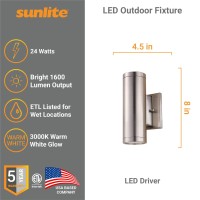 Sunlite 49069 8-Inch Led Outdoor Decorative Up & Downlight, Modern Cylinder Wall Sconce Fixture, 24 Watts, 1600 Lumens, 3000K Warm White, Etl Listed, Brushed Nickel, For Porches, Garage & Entryways