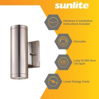 Sunlite 49069 8-Inch Led Outdoor Decorative Up & Downlight, Modern Cylinder Wall Sconce Fixture, 24 Watts, 1600 Lumens, 3000K Warm White, Etl Listed, Brushed Nickel, For Porches, Garage & Entryways