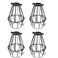 Rustic State Set Of 4 Industrial Vintage Style | Hanging Pendant Metal Wire Cage | Adjustable Light Fixture Lamp Guard (Black)