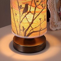 Bieye L10272 Birds In The Tree Wooden Style Table Lamp Night Light With Wood Lampshade Bronze Metal Base For Bedside Bedroom Living Room, Cylinder-Shaped (Bronze)