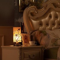 Bieye L10272 Birds In The Tree Wooden Style Table Lamp Night Light With Wood Lampshade Bronze Metal Base For Bedside Bedroom Living Room, Cylinder-Shaped (Bronze)