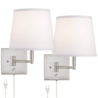 360 Lighting Lanett Modern Swing Arm Wall Lamps Set Of 2 Brushed Nickel Plug-In Light Fixture Dimmable White Empire Shade For Bedroom Bedside House Reading Living Room Home Hallway Dining