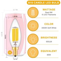 Crlight Dimmable Led Candelabra Bulb 70W Equivalent 700Lm, 6 Led Filaments Real 6W Led Chandelier Light Bulbs, 3000K Soft White, E12 Base, B10 Candle Clear Glass Decorative Bulb, Pack Of 4