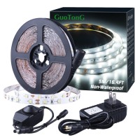 Guotong White Dimmable Led Light Strip - 6000K Bright Daylight White Tape Lights 12V 16.4 Ft Clear Rope Lighting Strips Kit Smd 2835 Bright 300 Leds For Under Cabinet Bedroom Kitchen Mirror Closet