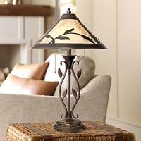 Feuille Rustic Farmhouse Vintage Style Table Lamp Dark Brown Metal Openwork Leaf Accents Mica Cone Shade Decor For Living Room Bedroom House Bedside Nightstand Home Family - Franklin Iron Works