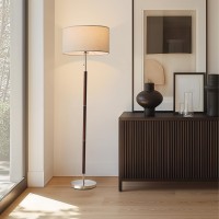 Brightech Carter Led Floor Lamp Drum Shade Tall Lamp With Walnut Wood Finish Great Living Room D Cor Midcentury Lamp For Li