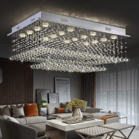 Siljoy Modern Square Crystal Chandelier, Large Flush Mount Ceiling Light Fixture With K9 Raindrop Lights Crystals, Rectangular Chandeliers For Living Room Dining Room, L35.4 X W27.6 X H14