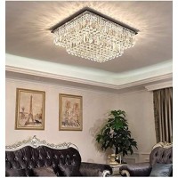 Siljoy Modern Square Crystal Chandelier, Large Flush Mount Ceiling Light Fixture With K9 Raindrop Lights Crystals, Rectangular Chandeliers For Living Room Dining Room, L35.4 X W27.6 X H14