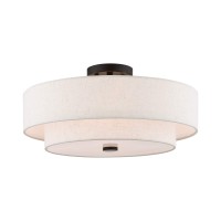 Livex Lighting 51085-92 4-Light Semi Flush Mount Ceiling Fixture With Oatmeal Color Fabric Hardback Drum Shade And Satin White Diffuser, English Bronze