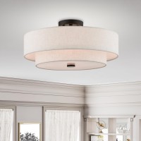 Livex Lighting 51085-92 4-Light Semi Flush Mount Ceiling Fixture With Oatmeal Color Fabric Hardback Drum Shade And Satin White Diffuser, English Bronze