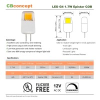 Cbconcept Ul Listed, G4 Led Light Bulb, 10 Pack, Epistar Cob 1.7 Watt, Dimmable, 220 Lumen, Pure White 6000K, 360 Degree Beam Angle, 12 Volt, 20W Equivalent, G4 Bi Pin Base Halogen Replacement Bulb