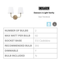 Capital Lighting 119321Ad674 Dawson Decorative White Fabric Staystraight Shade Bath Vanity Wall Mount 2Light 120 Total Watts