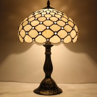 Werfactory Tiffany Lamp Cream Amber Stained Glass Bead Table Lamp Desk Bedside Reading Light 12X12X18 Inches Deco Bedroom Living Room Home Office S005 Series