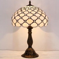 Werfactory Tiffany Lamp Cream Amber Stained Glass Bead Table Lamp Desk Bedside Reading Light 12X12X18 Inches Deco Bedroom Living Room Home Office S005 Series