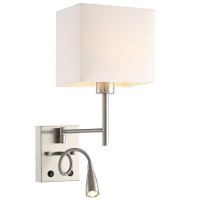 Homefocus - Bedside Wall Lamp With Led Reading Lamp,Led Wall Light,Wall Lamp,Wall Sconces,Swing Arm Wall Lamp For Bedroom,Living Room,Hoetl,Led 3W 3000K,Metal Satin Nickle,White Linen Shade.