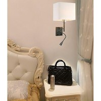 Homefocus - Bedside Wall Lamp With Led Reading Lamp,Led Wall Light,Wall Lamp,Wall Sconces,Swing Arm Wall Lamp For Bedroom,Living Room,Hoetl,Led 3W 3000K,Metal Satin Nickle,White Linen Shade.