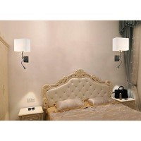 Homefocus - Bedside Wall Lamp With Led Reading Lamp,Led Wall Light,Wall Lamp,Wall Sconces,Swing Arm Wall Lamp For Bedroom,Living Room,Hoetl,Led 3W 3000K,Metal Satin Nickle,White Linen Shade.