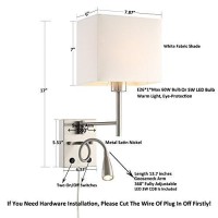 Homefocus - Bedside Wall Lamp With Led Reading Lamp,Led Wall Light,Wall Lamp,Wall Sconces,Swing Arm Wall Lamp For Bedroom,Living Room,Hoetl,Led 3W 3000K,Metal Satin Nickle,White Linen Shade.