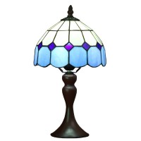 Bieye L10468 Sea Blue Mediterranean Tiffany Style Stained Glass Small Table Lamp With 8 Inch Wide Lampshade, 15 Inch Tall