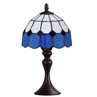 Bieye L10468 Sea Blue Mediterranean Tiffany Style Stained Glass Small Table Lamp With 8 Inch Wide Lampshade, 15 Inch Tall