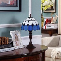 Bieye L10468 Sea Blue Mediterranean Tiffany Style Stained Glass Small Table Lamp With 8 Inch Wide Lampshade, 15 Inch Tall