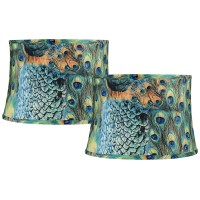 Set Of 2 Peacock Print Medium Drum Lamp Shades 14 Top X 16 Bottom X 11 High (Spider) Replacement With Harp - Springcrest