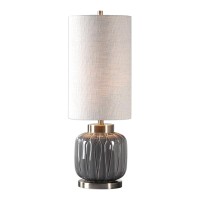 Aged gray ceramic44 Featuring An Embossed Decorative Design44 Accented With Heavily Antiqued Brass Plated Details46 The Tall44 Round Hardback Shade Is A Light Khaki Linen Fabric With Heavy Slubbing46 Due To The Nature Of Fired glazes On ceramic Lamps44 Fi