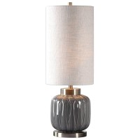 Aged gray ceramic44 Featuring An Embossed Decorative Design44 Accented With Heavily Antiqued Brass Plated Details46 The Tall44 Round Hardback Shade Is A Light Khaki Linen Fabric With Heavy Slubbing46 Due To The Nature Of Fired glazes On ceramic Lamps44 Fi